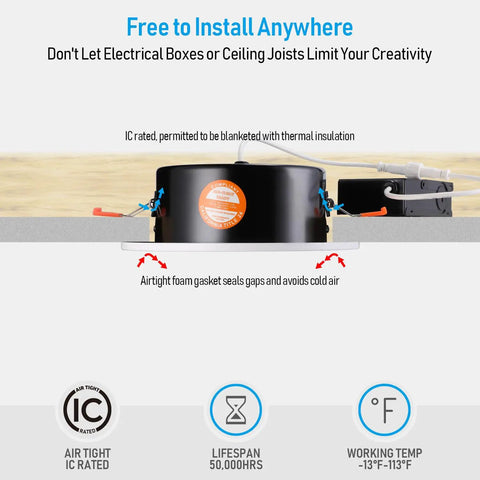 6 Inch Gimbal LED Recessed Light With Junction Box Kit 13.5W IC Rated Air Tight No Fuss Downlight Dimmable 3000K CRI90 Canless Swivel