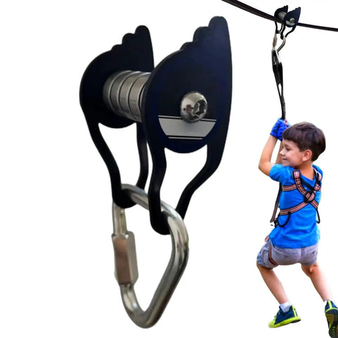 Heavy Duty Zip Line Pulley Kit With Six Steel Rollers For Backyard Adventure, Easy Install, supports up to 440 lbs, in use