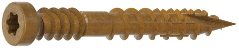 Top Shelf Low Profile Finish Trim Screws For Fast Carpenter Jobs Without The Protruding Head Hassle Sawtooth Shank Drives Smoothly With T10 Bits Corrosion Shield Coating Light Brown Wood Fasteners In Bulk 500 Qty Box, showing tan screw with countersunk head and sawtooth tip.