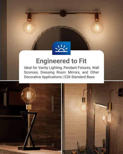 G25 LED Globe Light Bulbs with E26 Base used in vanity lighting, showcasing warm white illumination, clear vintage filament design.