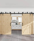 Two Pack 12 Inch Sliding Barn Door Handles Matte Black Hardware installed on wooden doors in a kitchen entrance.