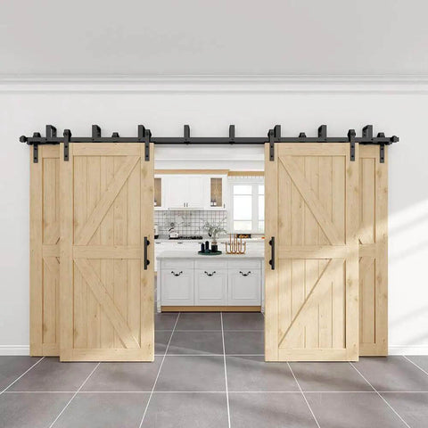 Two Pack 12 Inch Sliding Barn Door Handles Matte Black Hardware installed on wooden doors in a kitchen entrance.