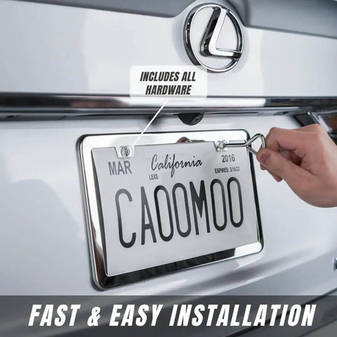 Installing Stainless Steel License Plate Frame Set With Chrome Screw Caps Slim 2 Hole Design Rustproof Mirror Silver Finish