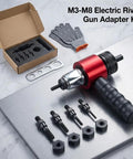 Electric Rivet Gun Adapter Kit For Drills And Impact Drivers, components displayed with glove and open box on a table