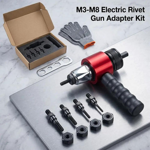 Electric Rivet Gun Adapter Kit For Drills And Impact Drivers, components displayed with glove and open box on a table