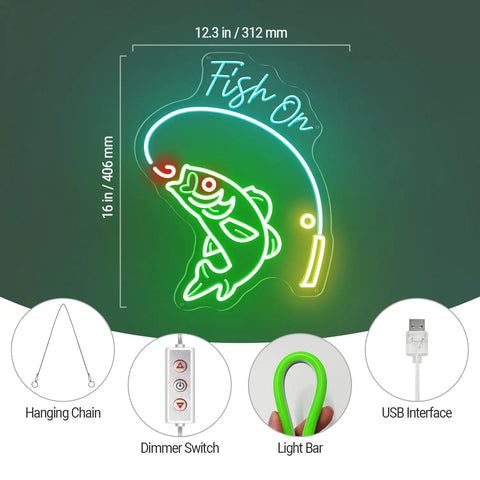 Neon Fishing Sign With Green Fish And Ice Blue Lemon Rods USB Powered Acrylic Wall Art dimensions and features
