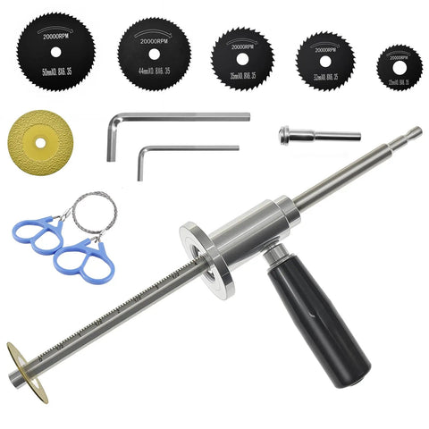 Kit with 7 Inch Inside PVC Pipe Cutter With Adjustable Depth From 0 To 7 Inches, handle, locking ring, diamond wheel, and HSS blades