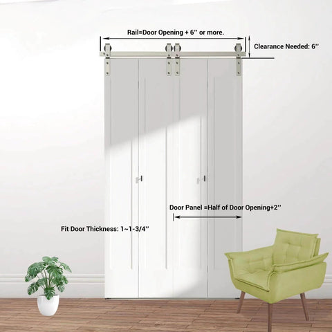 Nickel Plated 72 Inch Double Bifold Sliding Barn Door Hardware Kit For Closet Doors Smooth And Quiet With Side And Top Mount Swivel Wheels Track Length 76 Inches No Door Included