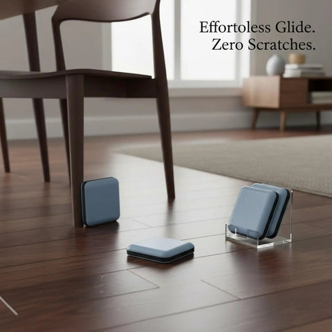 Blue PTFE Furniture Sliders Self Adhesive Floor Protectors for hardwood floors under chair leg, showing glide pads on wood floor.