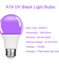Purple UV light bulb with E26/E27 base, 395-400nm wavelength, 12W power, non-dimmable, shown on white background.