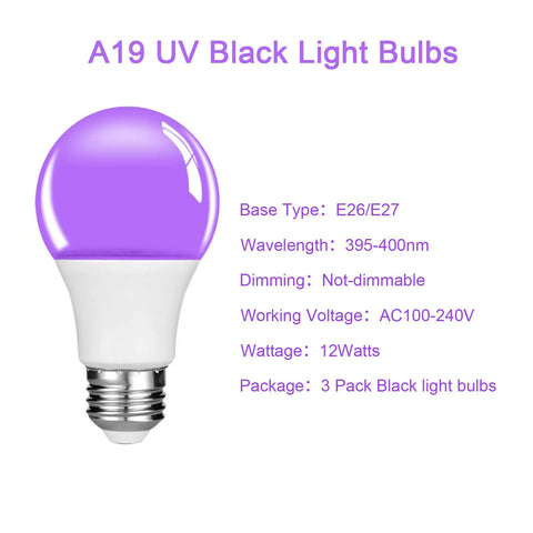 Purple UV light bulb with E26/E27 base, 395-400nm wavelength, 12W power, non-dimmable, shown on white background.