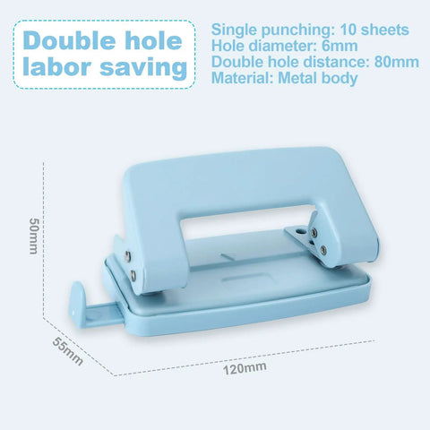 Two Hole Paper Punch Metal Blue Desktop Puncher for file folders and loose leaf books, dimensions 120x55x50mm, metal body
