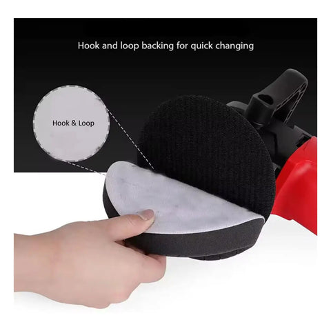Hand holding Badass 6-Inch Foam Buffing Pads for Cars with hook and loop backing for easy attachment to polishers.