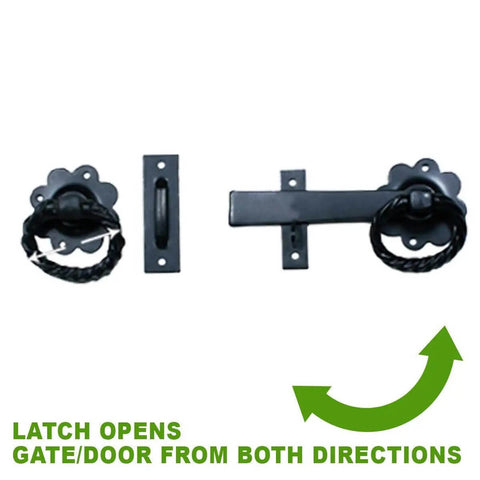 Black Wrought Iron Gate Floral Ring Turn Latch Lock Set 6 Inch Long, Light Duty Antique Latch Pull For Barn Doors