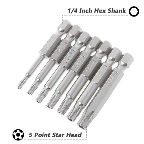 Straight Up Durable 14 Piece Torx Security Star Screwdriver Bits Set Built Like A Tank With S2 Steel Slick 5 Point Tip For Power Drills Zero Slip Grip Top Shelf Heavy Duty Tool Kit Two Inch Long, 5 point star head bits.