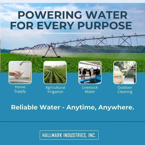 Banner image showing diverse uses of water from Workhorse Deep Well Submersible Pump 1 HP 230V 33 GPM 207 Ft Head Stainless Steel Long Life 4 Inch Well Pump Built In Capacitor Start No Control Box Needed For Home Farm Use including home supply, agriculture, livestock, and outdoor cleaning.