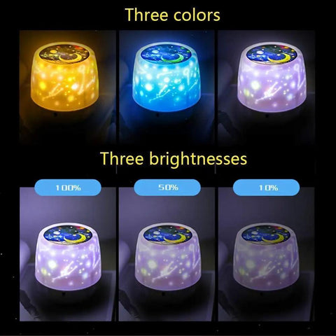 Kids Night Light With Star Projector showing three colors and brightness levels, wall mount lamp, perfect gift for baby room