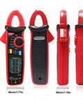 Digital Clamp Meter For AC DC Current Voltage Resistance And Capacitance With Data Hold Pro Grade Precision in red.