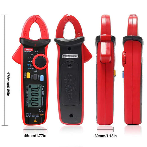 Digital Clamp Meter For AC DC Current Voltage Resistance And Capacitance With Data Hold Pro Grade Precision in red.