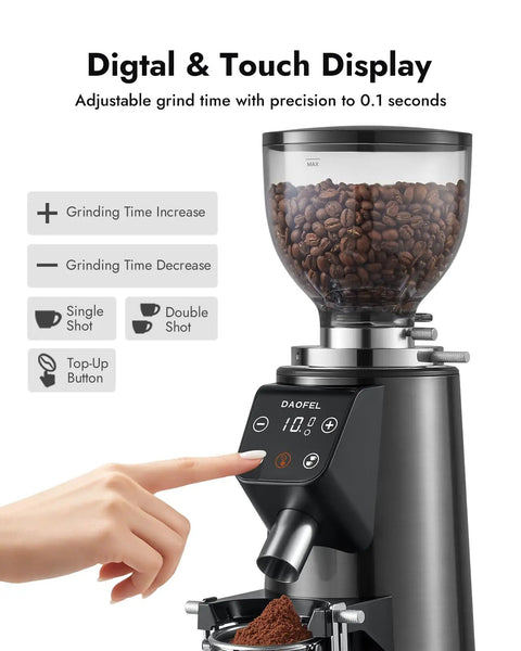 Game Changing 64 Mm Flat Burr Electric Coffee Grinder With 100 Adjustable Settings Precision Timer Anti Static Housing For Espresso French Press Smooth Stainless Steel Gunmetal Gray Finish with digital display and touch controls.