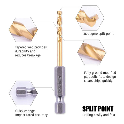 One Eighth Inch Hex Shank Drill Bit Set, 12 Pc HSS Titanium Coated For Three Times Longer Life, Beefed-Up Quick Change Shank For Impact Drivers, Twist Bits For Metal Wood And Plastic
