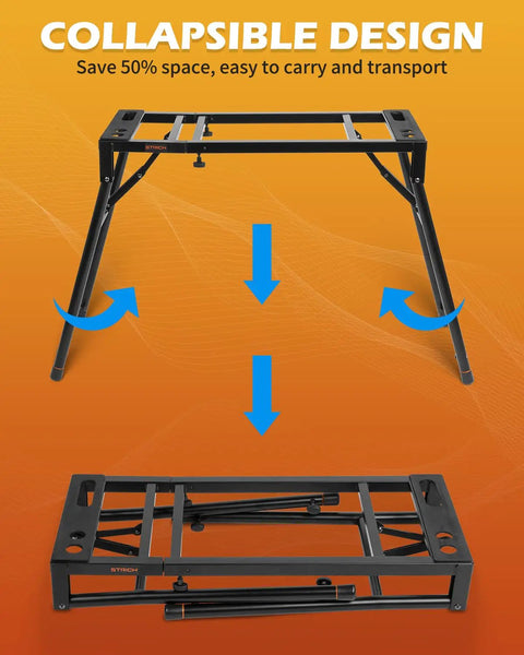 Collapsible Piano Keyboard Stand With Adjustable Width For 54 To 88 Keys Digital Pianos folded and unfolded view