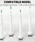New Philips Sonicare electric toothbrush models 1100, 2100, 3100, 4100, shown with charging bases, compatible with 5V 2A USB Wall Charger For Sonicare Electric Toothbrushes And Water Flossers, Universal Wall Plug Power Adapter Compatible With Bitvae COSLUS Nicwell 7AM2M And More, White.