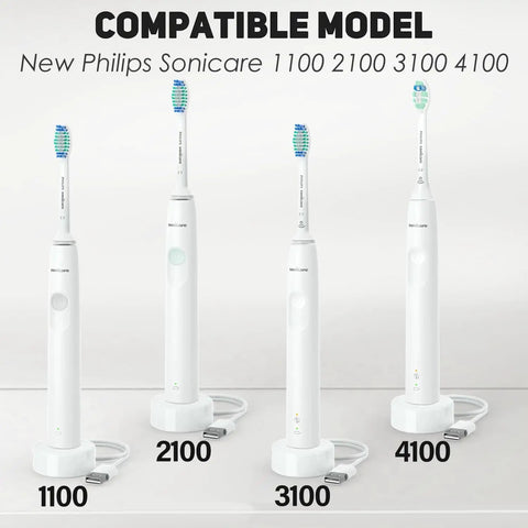 New Philips Sonicare electric toothbrush models 1100, 2100, 3100, 4100, shown with charging bases, compatible with 5V 2A USB Wall Charger For Sonicare Electric Toothbrushes And Water Flossers, Universal Wall Plug Power Adapter Compatible With Bitvae COSLUS Nicwell 7AM2M And More, White.