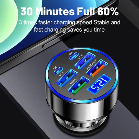 Six In One Car Charger With Voltmeter Display 120W Powerhouse Fast Charge QC3 0 PD Ports USB C Lighter Adapter For iPhone 16 15 14