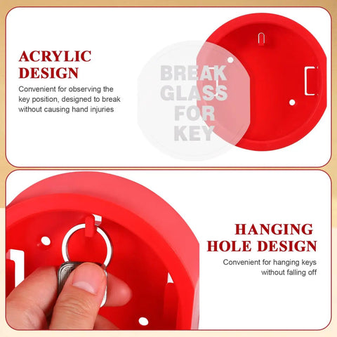 Close-up of a red Emergency Key Box With Break Glass For Grab And Go Quick Entry Red Linkage Door Lock Box showing acrylic and hanging design