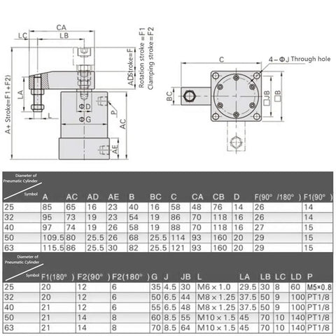 Technical diagram of Double Acting Rotary Pneumatic Cylinder With 90 Degree Angle For Clamping And Corner Pressing Air Swing Tool