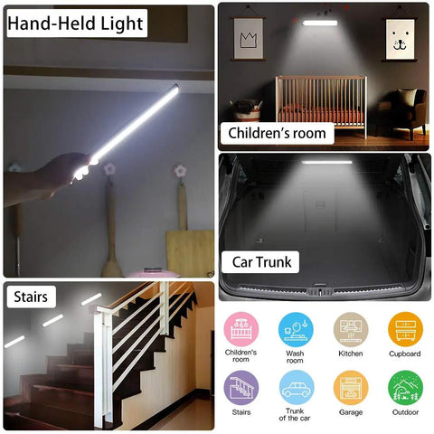 Lit 54 LED Under Cabinet Lights USB Rechargeable Kitchen Night Light in various uses: hand-held, children's room, car trunk, stairs.
