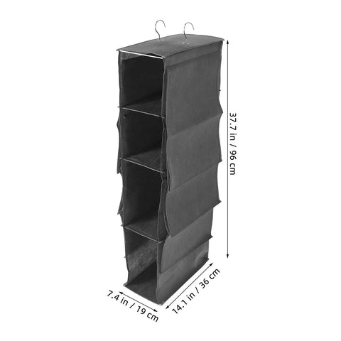 Kickass Multi Layer Closet Hanging Storage Bag And Solid Non Woven Wardrobe Organizer with dimensions 37.7 in tall and 14.1 in wide.