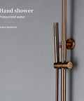 Top Tier Thermostatic Shower System With Brushed Rose Gold Rainfall And Handheld Spray Auto Temp Balance Wide Coverage hand shower.