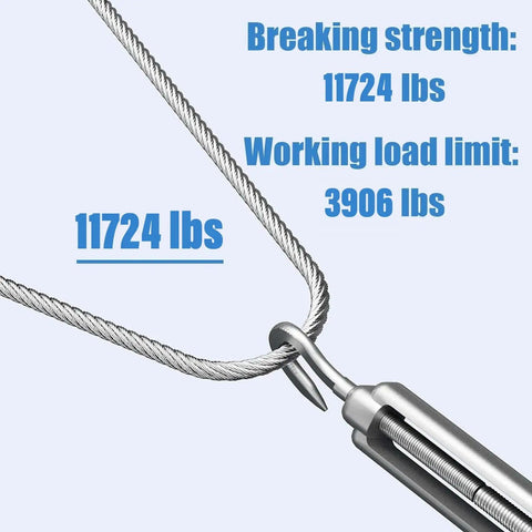 Heavy Duty Zipline Cable Three Eighths Inch Stainless Steel Wire Rope with hook detail, breaking strength 11724 lbs, 1 meter length.