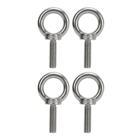 Beefy Stainless Steel Eye Bolts Set For RV And Boat, Heavy Duty Hanger Kit With Washer And Nylon Nut, Easy To Use Lifting Or Hanging Hardware, M10 Size, Ideal For Construction, Vehicles, And Marine Gear, four M10 eye bolts
