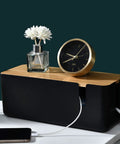Bamboo Lid Cable Management Box Hide Cords and Surge Protectors for Home and Office 12 Inch Long Black Roomy Enough for 4 To 6 Outlet Strips