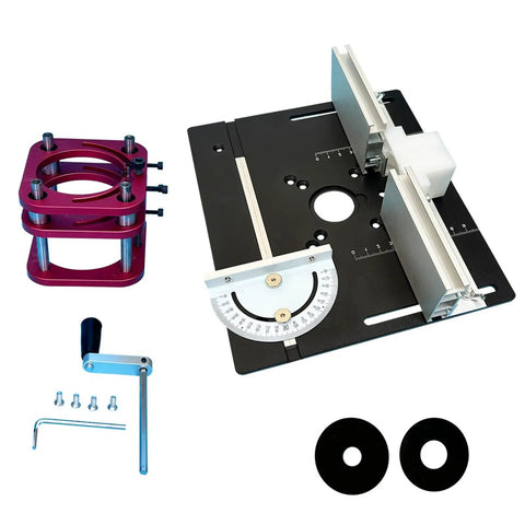 Prime Time Aluminum Router Lift System With Insert Plate For 65Mm Motors includes precision plate, dual hole pattern, and adjustment arm.