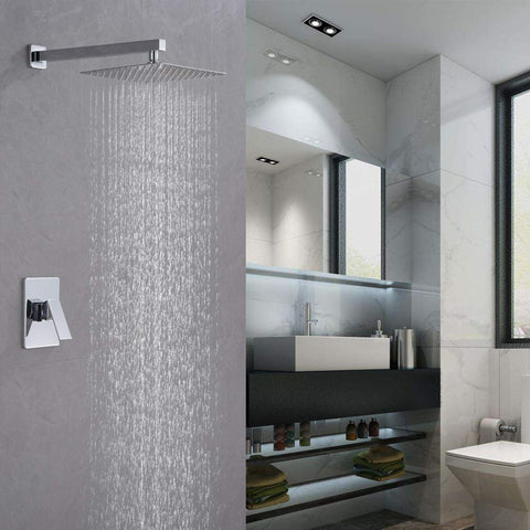 Shower System With 12 Inch Square Rain Shower Head Chrome Finish Brass Arm And Valve Pressure Balance Control Single Function