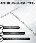 7Pc T Handle Socket Wrench Set with Long Reach in 8 10 12 13 14 17 19mm showing 45-gauge steel construction and features.