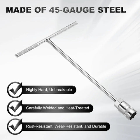 7Pc T Handle Socket Wrench Set with Long Reach in 8 10 12 13 14 17 19mm showing 45-gauge steel construction and features.