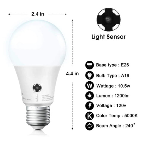 Dusk To Dawn Outdoor LED Bulbs 5000K Daylight A19 75W Equivalent 10.5W with light sensor; dimensions and specifications shown