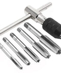 Six Piece Adjustable T Handle Tap Wrench Set With Ratchet Tap Holder And Five Metric Taps M3 M4 M5 M6 M8 for thread tapping.