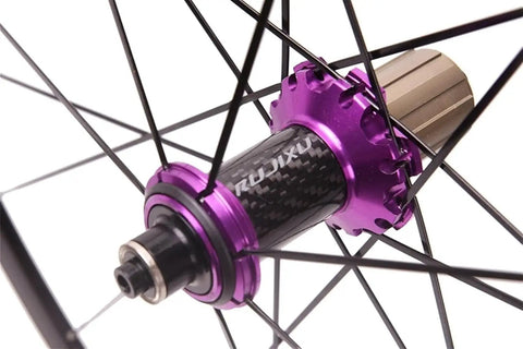 Purple carbon hub on lightweight 700C road bike wheelset with 40mm rim for 7 8 9 10 11 speed cassette compatible