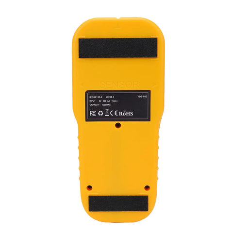 Rcniso wall detector with metal wood stud finder, 5 in 1 scanner for pipes, yellow handheld back view with sensor details.