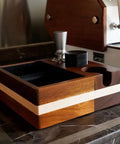 Espresso Knock Box And Tamp Station 4 In 1 Organizer on marble countertop, walnut finish, for 51mm to 54mm tamper