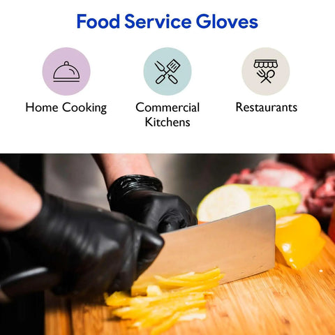 Person using Black Nitrile Disposable Gloves 4 Mil Thick 200 Pack Latex Free for food prep in kitchen.