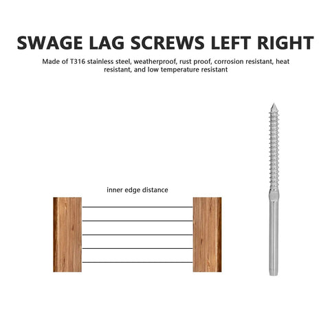 Diagram showing Left And Right Swage Lag Screws Cable Railing Kit Pro Grade T316 Stainless Steel 1 Eighth Inch Hardware.