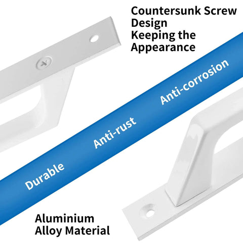 Two Pack Sliding Barn Door Handles 7.9 Inch Aluminum Alloy Pull Handles For Sliding Barn Doors Gates Cabinets Closets Drawers Garage Shed White Finish Includes Eight Mounting Screws For Easy Installation showing close-up on anti-rust and anti-corrosion features.