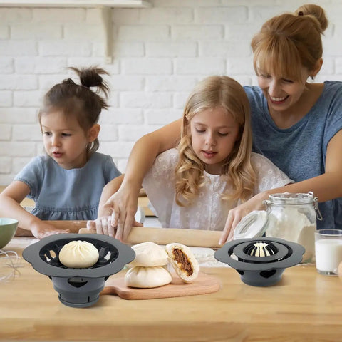 Family making bao buns using Flower Shaped Dumpling Mold Maker For Easy Homemade Bao Buns And Momo, 6.57 Inch Plastic Kitchen Gadget.